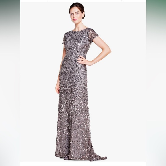 Adrianna Papell Women's Short-Sleeve All Over Sequin Gown in Gray - Picture 7 of 8